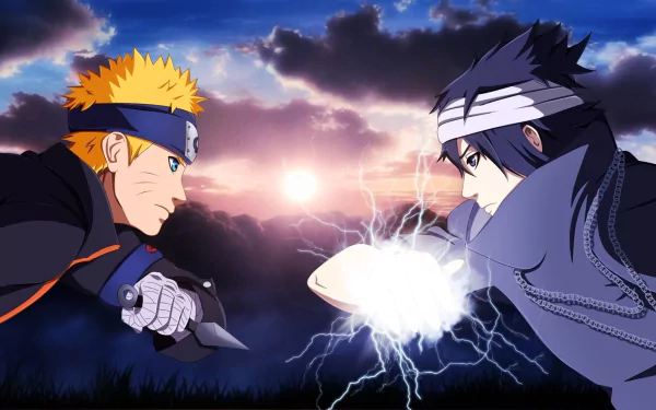 HD desktop wallpaper depicting Naruto Uzumaki and Sasuke Uchiha from the anime Naruto, locked in an intense confrontation with a dramatic sunset background.