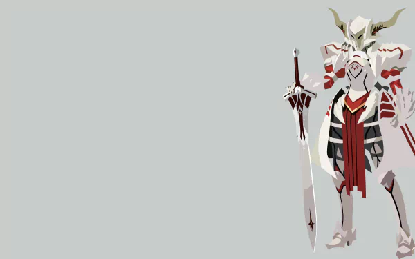 Minimalist HD wallpaper of Saber of Red, Mordred from Fate/Apocrypha. The anime character stands in armor and helmet, wielding a weapon, against a plain background.