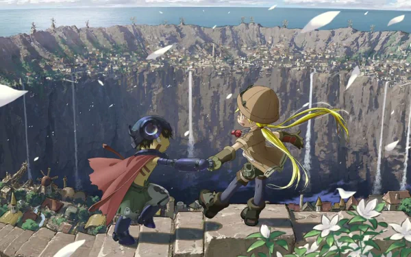 HD desktop wallpaper featuring Riko and Regu from the anime Made in Abyss, standing at the edge of a massive crater, hand in hand, with petals floating in the air.