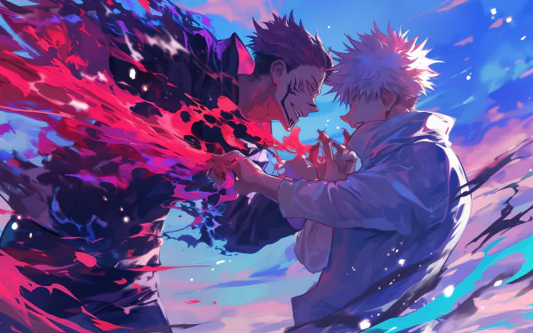 HD wallpaper featuring an intense battle between Gojo and Sukuna from the anime Jujutsu Kaisen, with dynamic colors and energy effects.
