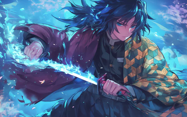 Anime illustration of Giyuu Tomioka from Demon Slayer: Kimetsu no Yaiba, featuring him in a dynamic pose with his sword drawn, against a vibrant blue background. This is a HD desktop wallpaper.