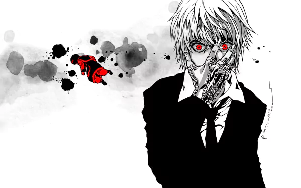HD PC desktop wallpaper featuring Kurapika from Hunter × Hunter in a monochrome style with striking red eyes and a detailed hand design, blending anime and dark artistic elements.