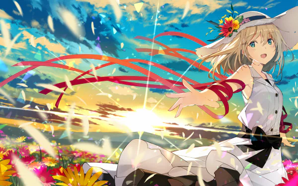 Anime girl with blonde hair in a white dress and hat with flowers, standing in a vibrant field of flowers under a bright sky with colorful ribbons. HD desktop wallpaper and background.