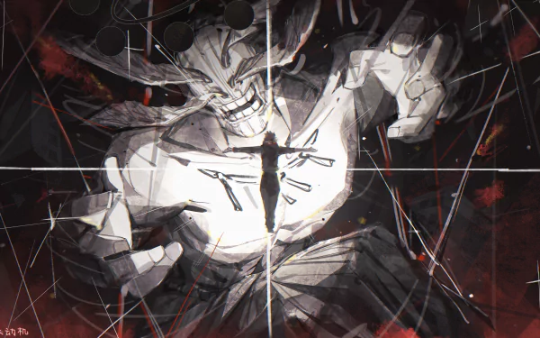 4K Ultra HD anime wallpaper featuring Mahoraga and Sukuna from Jujutsu Kaisen in a dynamic, intense battle scene with dark, vivid tones.