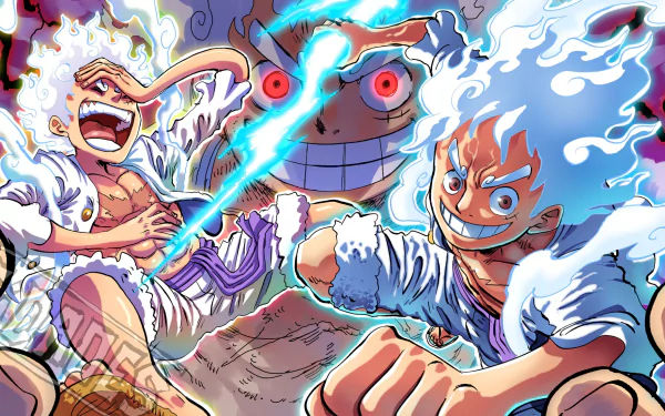 HD desktop wallpaper featuring Monkey D. Luffy in Gear 5 from the anime One Piece, showcasing dynamic action and vibrant energy effects.