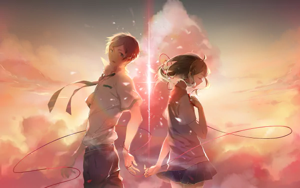 HD desktop wallpaper featuring Taki Tachibana and Mitsuha Miyamizu from the anime Your Name, standing back to back with a scenic sunset backdrop and a vibrant red ribbon connecting them.