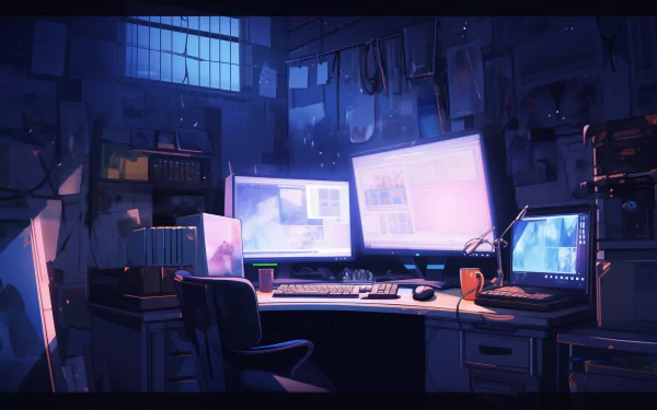 HD anime-style wallpaper featuring a detailed lo-fi desk setup with multiple screens and ambient blue lighting.