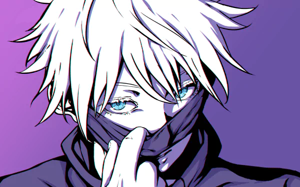 4K Ultra HD anime wallpaper featuring Satoru Gojo from Jujutsu Kaisen with striking white hair and bright blue eyes against a purple background.