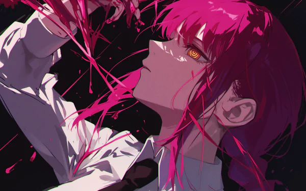 Vibrant HD wallpaper featuring Makima from Chainsaw Man, showcasing her striking gaze and vivid pink hair against a dark background, intricately blended with red splashes.