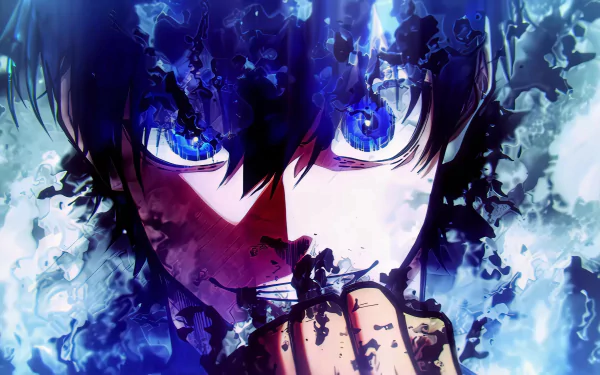 4K Ultra HD anime wallpaper featuring Isagi Yoichi from Blue Lock with intense blue eyes and dynamic, fiery blue energy effects surrounding him.