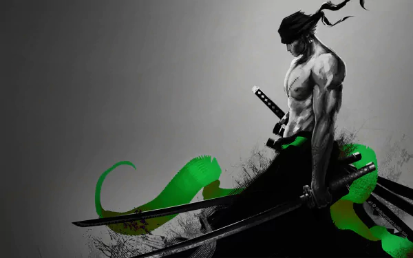 HD desktop wallpaper of Roronoa Zoro from the anime One Piece, showcasing a dynamic monochrome design with green elements and Zoro wielding his swords.