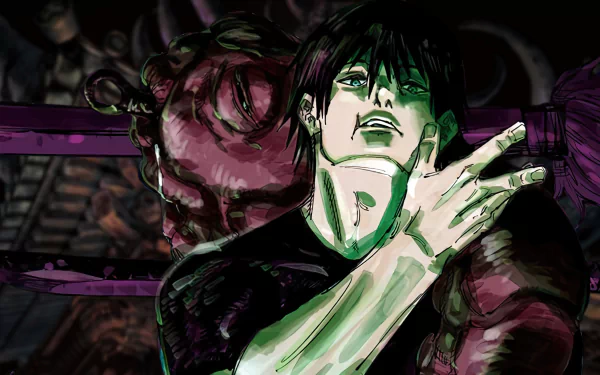 HD desktop wallpaper featuring Toji Fushiguro from Jujutsu Kaisen manga with a dramatic backdrop.