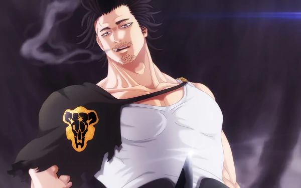 HD desktop wallpaper featuring Yami Sukehiro from the anime Black Clover, showcasing his confident stance with a dark, smoky background.