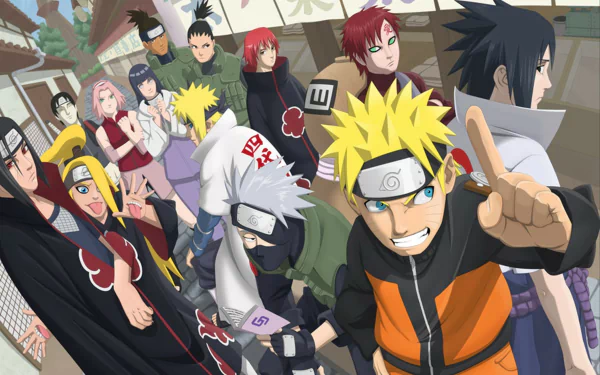 HD wallpaper featuring Naruto characters including Naruto Uzumaki, Sasuke Uchiha, Kakashi Hatake, and others from the anime series.