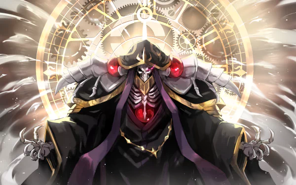 Ainz Ooal Gown from Overlord stands powerfully against a glowing, intricate clockwork background in this 4K Ultra HD anime desktop wallpaper.