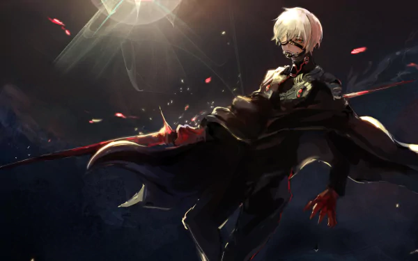 HD desktop wallpaper of Haise Sasaki (Ken Kaneki) from Tokyo Ghoul:re, featuring his white hair and a dramatic dark background with light rays and reds highlights, creating an intense anime scene.