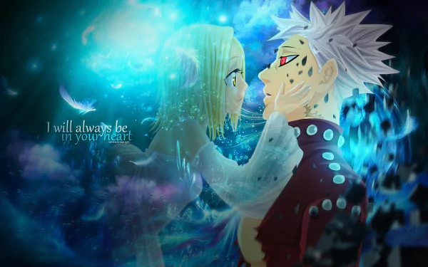 Anime wallpaper featuring Ban and Elaine from The Seven Deadly Sins, showcasing Ban's red eyes and white hair with scars, alongside Elaine's yellow eyes and blonde hair. Text reads I will always be in your heart.