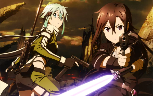 A dynamic HD wallpaper featuring Sinon and Kirito from Sword Art Online II, showcasing intense action with weapons amidst a dramatic, post-apocalyptic landscape.