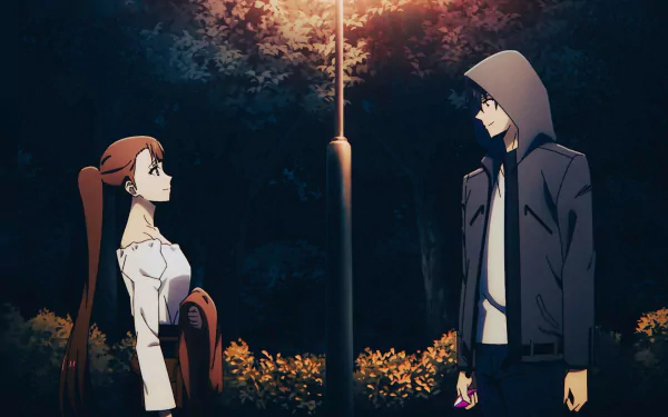 Anime-style Solo Leveling scene featuring two characters facing each other under a glowing streetlamp at night, rendered in 4K Ultra HD for PC desktop wallpaper.