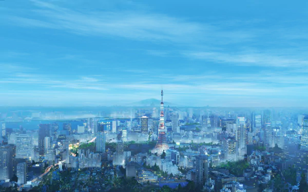 HD anime-style Tokyo cityscape wallpaper showing a breathtaking aerial view with a focus on Tokyo Tower, under a clear blue sky.