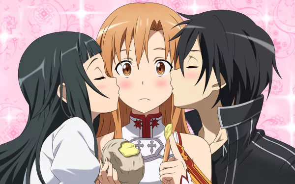 HD desktop wallpaper featuring characters Yui, Asuna, and Kirito from Sword Art Online. Yui and Kirito kiss Asuna on the cheeks, who looks surprised. The background is pink with subtle patterns.