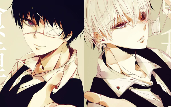 HD desktop wallpaper featuring Ken Kaneki from the anime Tokyo Ghoul, showcasing him in two different personas with dark and white hair.