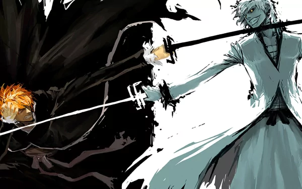 An HD wallpaper featuring Ichigo Kurosaki from the anime Bleach, depicting a dynamic and contrasting battle scene with a dark and a light figure wielding swords.