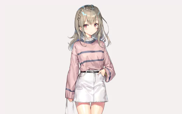 HD anime wallpaper featuring a girl with light brown hair wearing a pink and purple striped top and white skirt.