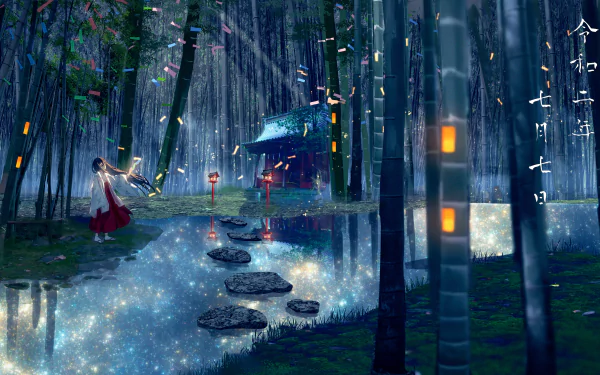 Anime HD wallpaper depicting a serene night scene in a bamboo forest. A character with long hair stands near a cottage, beside a reflective pool lit with lanterns, creating a mystical ambiance.