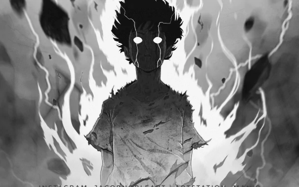 HD desktop wallpaper of an intense, shadowed anime character from Mob Psycho 100, surrounded by flames, with a powerful and surreal aura.