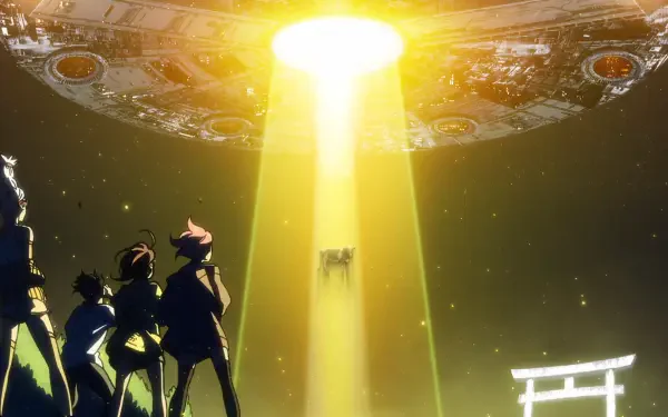 Anime HD PC desktop wallpaper from Dandadan featuring silhouetted characters facing a large spaceship emitting a bright yellow beam of light over a dark, starry background.