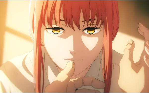 Makima from Chainsaw Man anime, depicted in detailed 8K Ultra HD, with striking amber eyes and red hair, set against a warm, softly lit background.