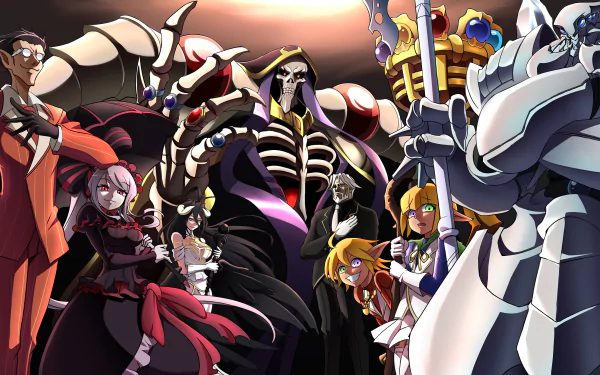 HD desktop wallpaper of the anime Overlord featuring characters Cocytus, Aura Bella Fiora, Mare Bello Fiore, Sebas Tian, Ainz Ooal Gown, Albedo, Shalltear Bloodfallen, and Demiurge in a striking pose.
