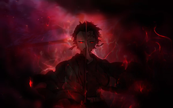 HD desktop wallpaper featuring Tanjiro Kamado from the anime Demon Slayer: Kimetsu no Yaiba. The image has a dark, red-toned background with a dramatic and intense atmosphere.