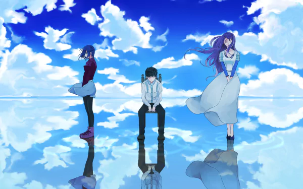 HD desktop wallpaper featuring Touka Kirishima, Ken Kaneki, and Rize Kamishiro from Tokyo Ghoul against a vivid blue sky with white clouds.