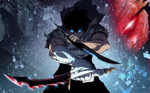 HD desktop wallpaper featuring Sung Jin-Woo from the anime Solo Leveling, with an intense, action-packed scene showcasing dynamic colors and captivating character design.