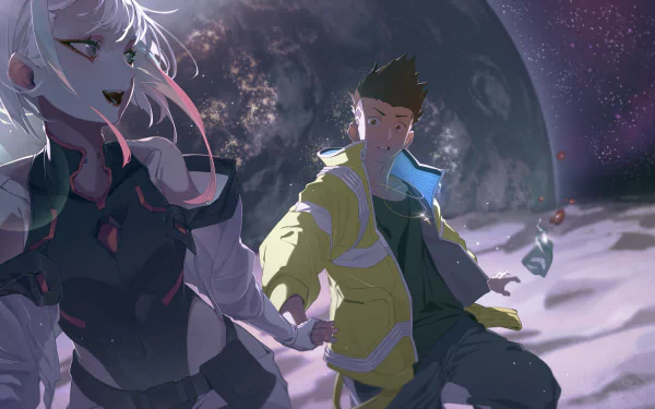HD wallpaper featuring Lucy and David from the anime Cyberpunk: Edgerunners, set against a stunning cosmic background.