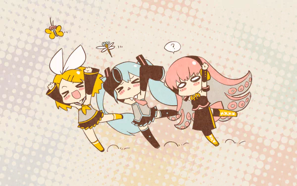 HD desktop wallpaper featuring anime characters Luka Megurine, Rin Kagamine, and Hatsune Miku from Vocaloid in a playful and cheerful scene. The background has a dotted pattern and pastel colors.
