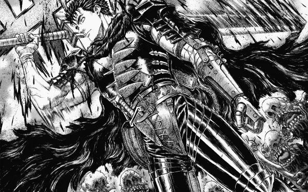 HD desktop wallpaper featuring Guts from the anime Berserk, depicted in a detailed black and white illustration wielding a massive sword amidst a chaotic background.
