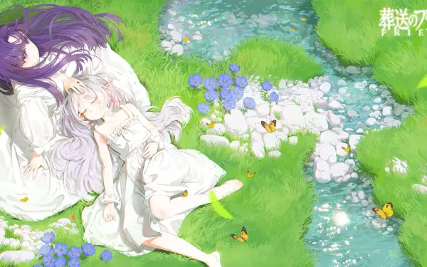 Anime-style 4K Ultra HD wallpaper from Frieren: Beyond Journey's End, depicting two characters resting peacefully by a flower-filled stream in a vibrant green meadow.