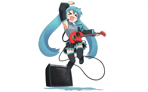 HD desktop wallpaper featuring Hatsune Miku, the popular Vocaloid, joyfully playing a guitar with an amplifier in the background. The anime character has blue hair and is mid-jump with a cheerful expression.