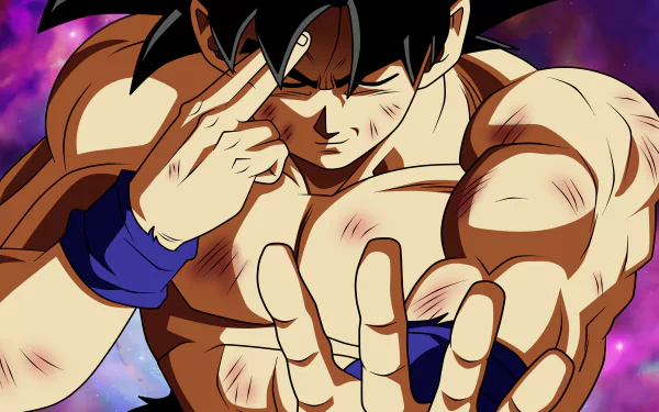 HD desktop wallpaper featuring Goku from Dragon Ball Super, showcasing him in a powerful pose with a cosmic background.