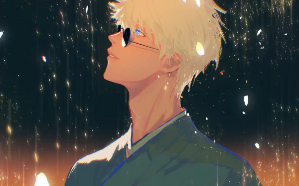 HD desktop wallpaper of Satoru Gojo from the anime Jujutsu Kaisen, featuring Gojo looking up with a serene expression, set against a glowing, spark-filled background.