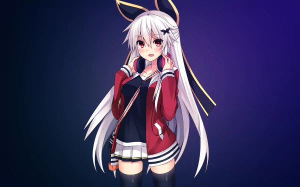 An anime character from Kantai Collection with long white hair, wearing headphones, a skirt, thigh highs, and a jacket, smiles and blushes. HD wallpaper and background.