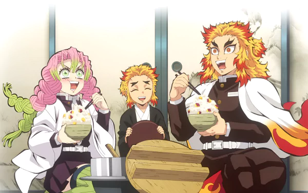 Anime 4K Ultra HD wallpaper featuring Mitsuri Kanroji and Kyojuro Rengoku from Demon Slayer: Kimetsu no Yaiba enjoying a meal together in a bright setting.