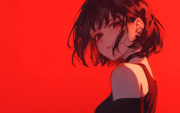 A striking anime girl with short black hair and red eyes stands against a vibrant red background, featured in a 4K Ultra HD desktop wallpaper and background.