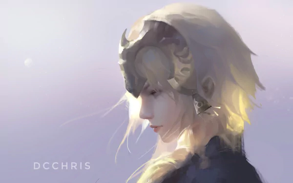 HD desktop wallpaper featuring an artistic depiction of Jeanne d'Arc from Fate/Grand Order. The image portrays Jeanne in a serene, soft light with intricate detailing. Art by DCCHRIS.