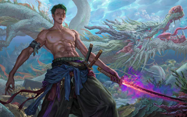 Roronoa Zoro from One Piece wields a glowing sword in a dynamic 4K Ultra HD anime desktop wallpaper featuring a mystical dragon in the background.