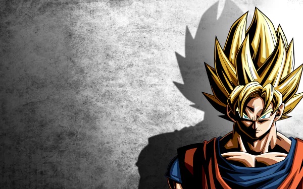 HD desktop wallpaper featuring Goku from Dragon Ball Z, depicted with his iconic spiked golden hair, set against a textured gray background with his shadow cast prominently.