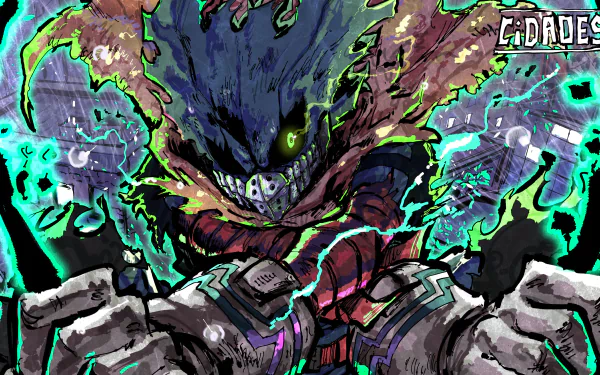 HD desktop wallpaper of Izuku Midoriya from the anime My Hero Academia, showcasing an intense and electrifying scene with vibrant colors and dynamic artwork.